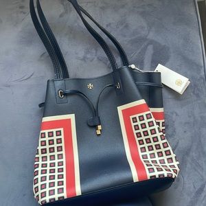 Tory Burch navy blue red and off white medium size drawstring tote handbag